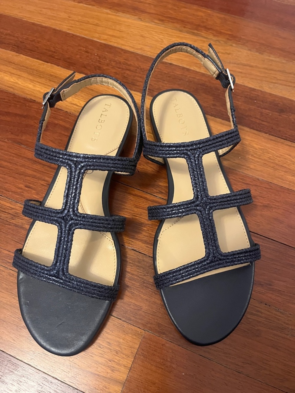 Talbots Navy Braided T-Strap Slingback Sandals